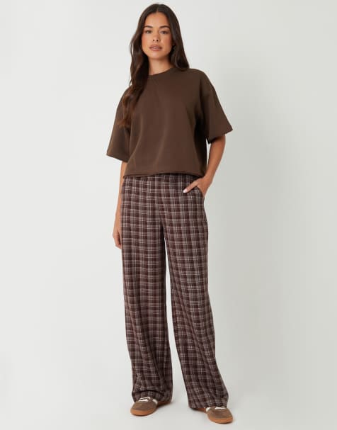 Threadbare Check straight leg trousers in chocolate
