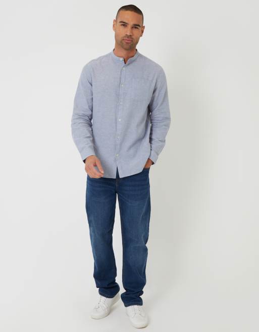 Threadbare - Chemise en lin mélangé à manches longues et col grand-père - Bleu clair, 2 de 4