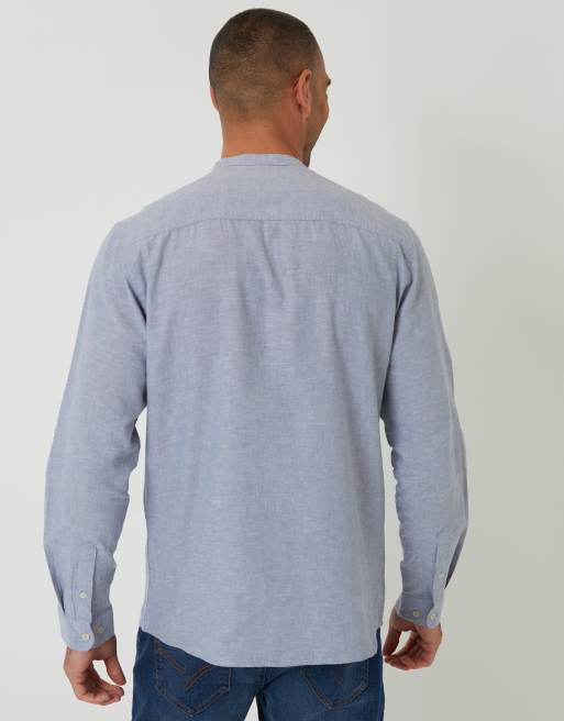 Threadbare - Chemise en lin mélangé à manches longues et col grand-père - Bleu clair, 3 de 4