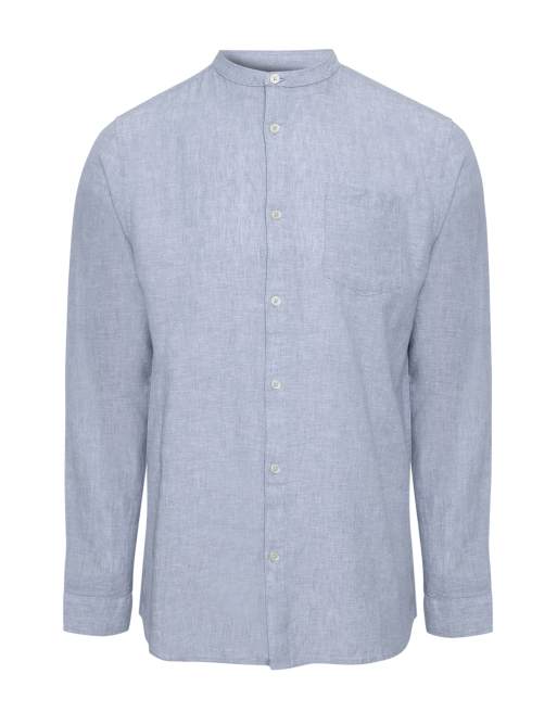 Threadbare - Chemise en lin mélangé à manches longues et col grand-père - Bleu clair, 4 de 4