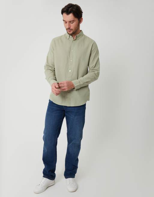 Threadbare - Chemise en lin mélangé à manches longues - Vert sauge, 3 de 4