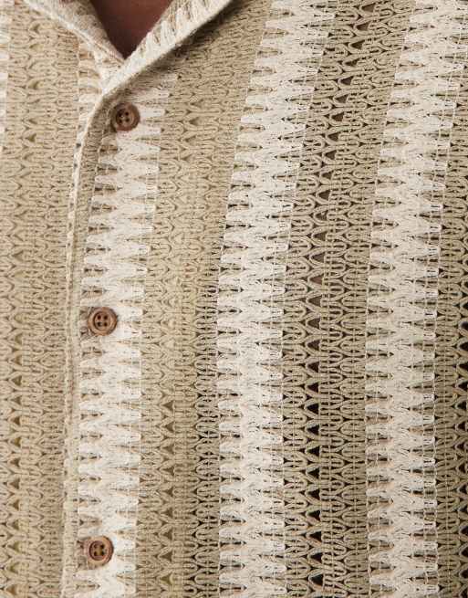 Threadbare - Chemise manches courtes en coton mélangé texturé à rayures - Taupe et écru, 3 de 5