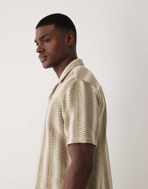 Threadbare - Chemise manches courtes en coton mélangé texturé à rayures - Taupe et écru, 4 de 5