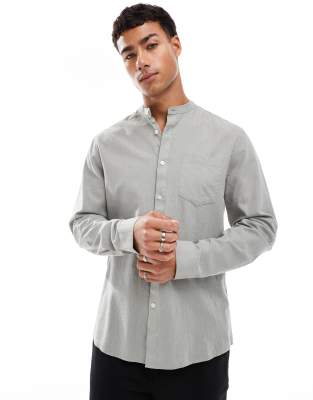 Threadbare - Chemise sans col à manches longues - Vert sauge