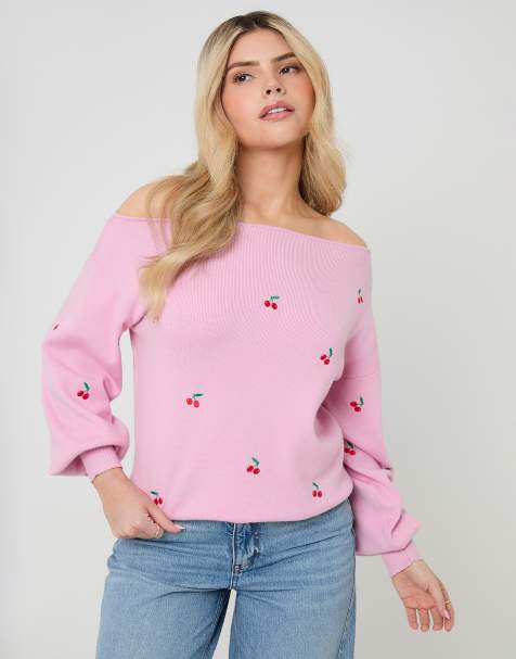 Threadbare Cherry embroidery slash neck jumper in pink