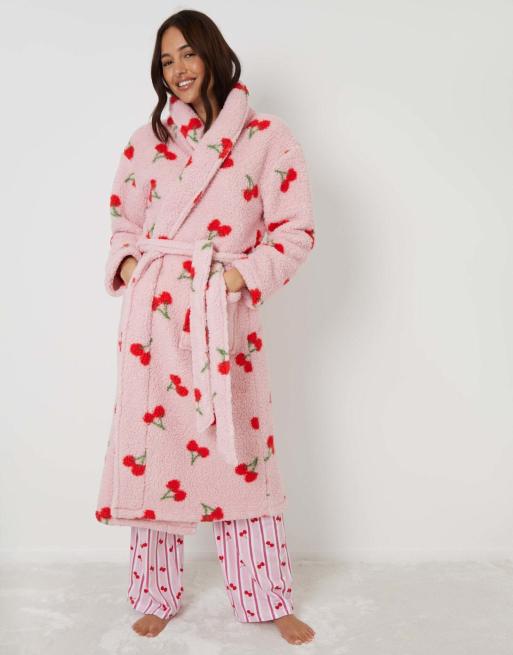 Threadbare Cherry print borg dressing gown in pink, 2 of 4