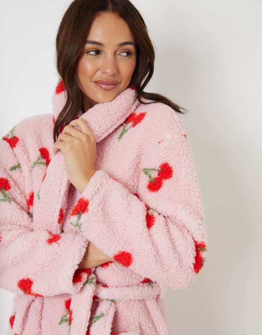 Threadbare Cherry print borg dressing gown in pink, 3 of 4