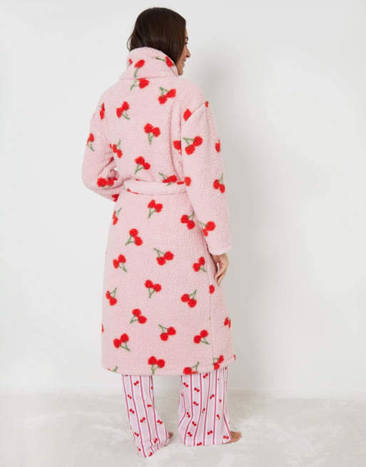 Threadbare Cherry print borg dressing gown in pink, 4 of 4