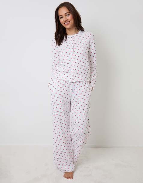 Threadbare Cherry print lettuce hem pyjama set (2 piece set) in white - view 1