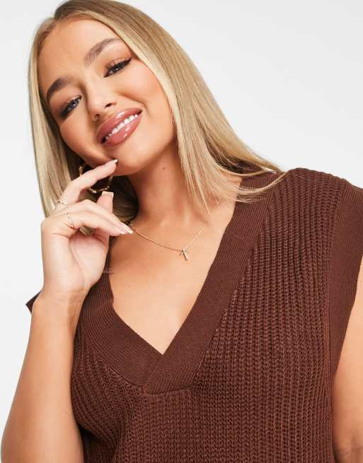 Threadbare Chestnut Pull oversize sans manches col V Marron chocolat