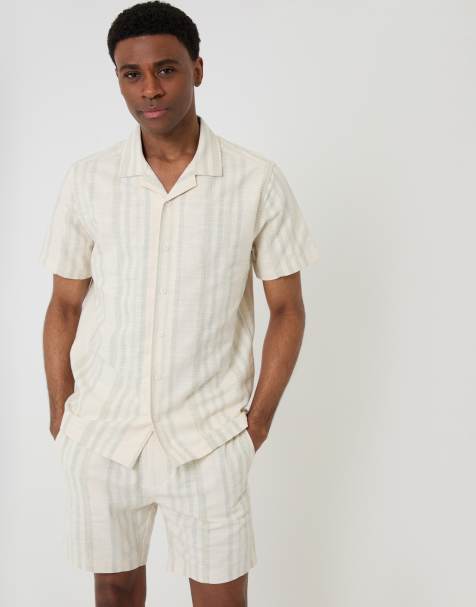 Threadbare Chevron stripe cotton short sleeve shirt in pale green - view 1