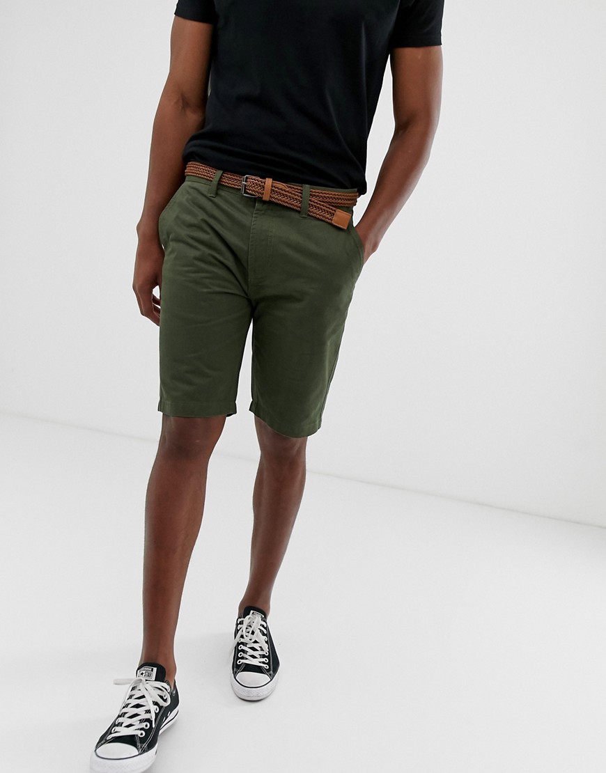 Threadbare – Chino-shorts med skärp-Grön