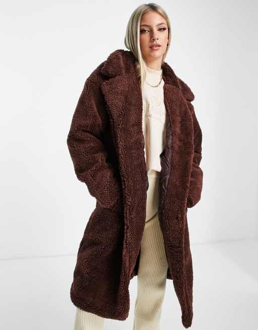 Threadbare – Chokladbrun lång oversize-kappa i teddy