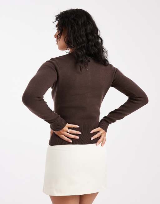 Threadbare - Chokoladebrun cardigan med gennemgående knapper i tæt strik, 4 af 4