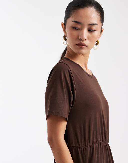 Threadbare - Chokoladebrun midikjole med korte ærmer i jersey, 3 af 4
