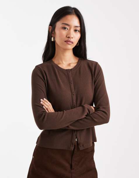 Threadbare - Chokoladebrun og langærmet top i jersey med knapper - view 1