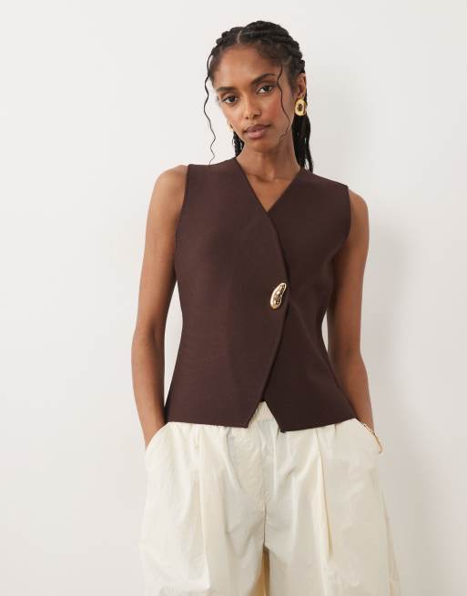 Threadbare - Chokoladebrun vest med guldfarvede knapper i kompakt strik, 3 af 4