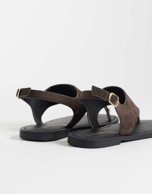 Threadbare - Chokoladebrune flade sandaler med tårem i imiteret ruskind, 2 af 4