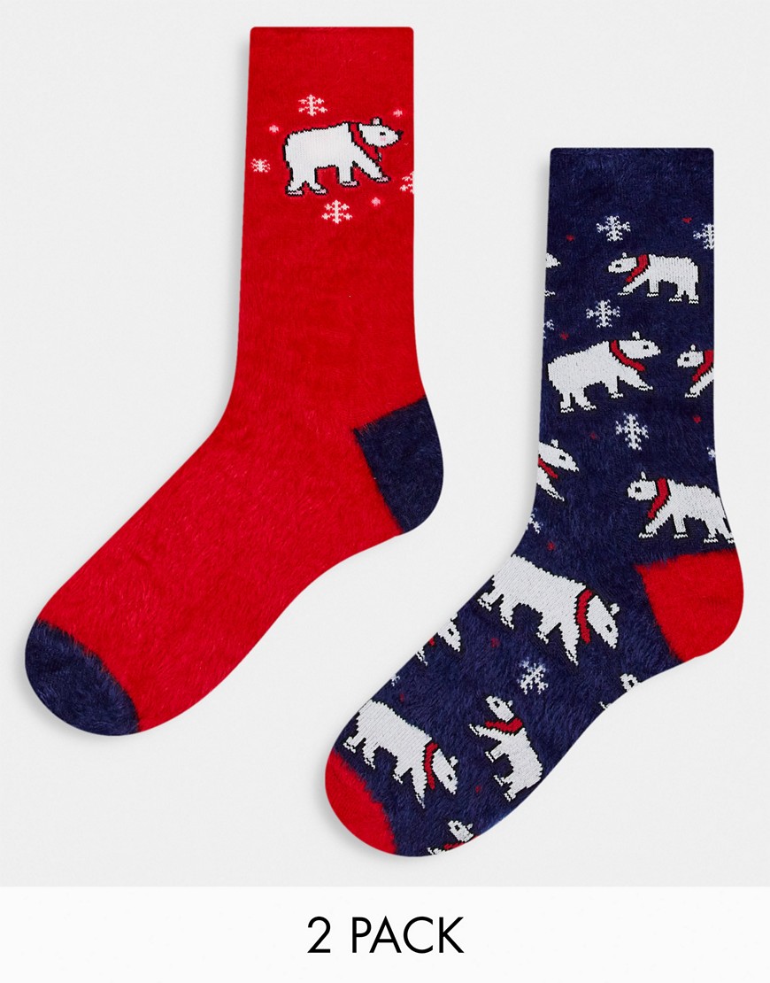 Threadbare Christmas 2 Pack Fluffy Polarbear Socks In Navy And Red