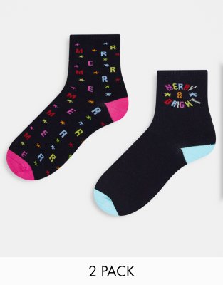 Threadbare Threadbare Christmas 2 pack merry and bright socks in black