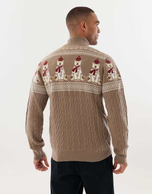 Threadbare Christmas bear fairisle quarter zip jumper in taupe, 2 of 4