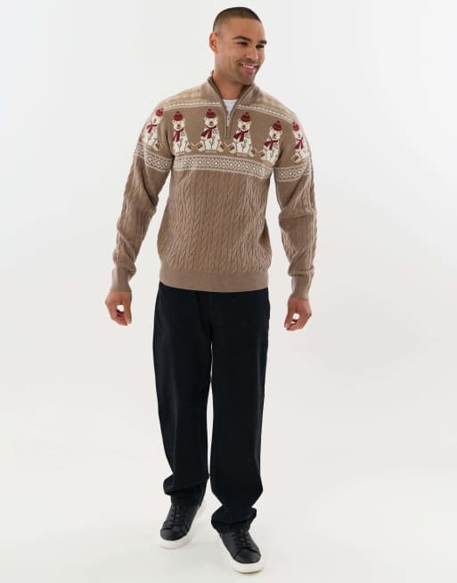 Threadbare Christmas bear fairisle quarter zip jumper in taupe, 3 of 4