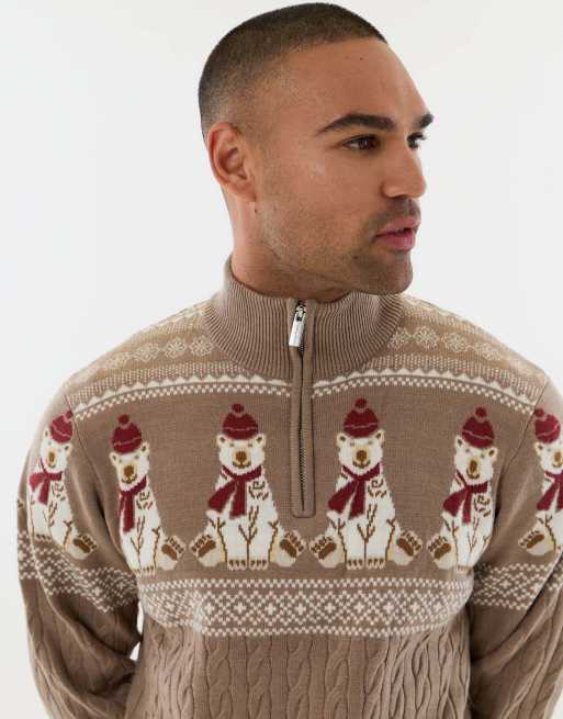 Threadbare Christmas bear fairisle quarter zip jumper in taupe, 4 of 4