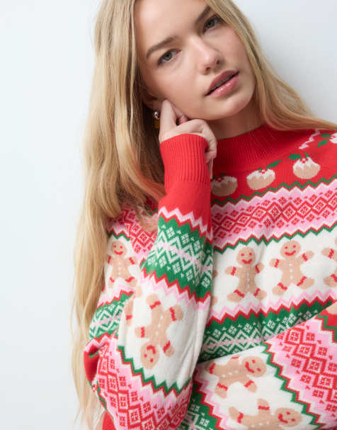 Threadbare Christmas dzianinowy sweter z golfem w kolorze różowym i zielonym - view 1