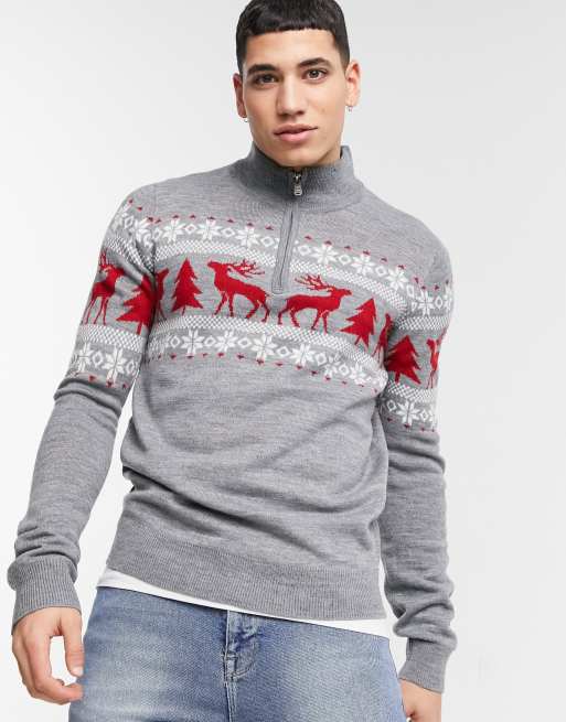 Threadbare christmas fairisle half zip jumper in grey ASOS