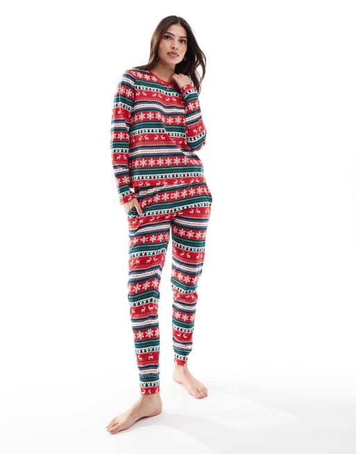 Threadbare Christmas fairisle print long pajama set in red