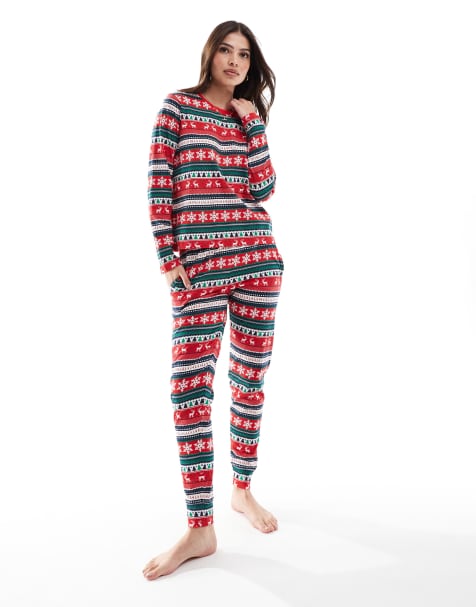Threadbare Christmas fairisle print long pyjama set in red - view 1