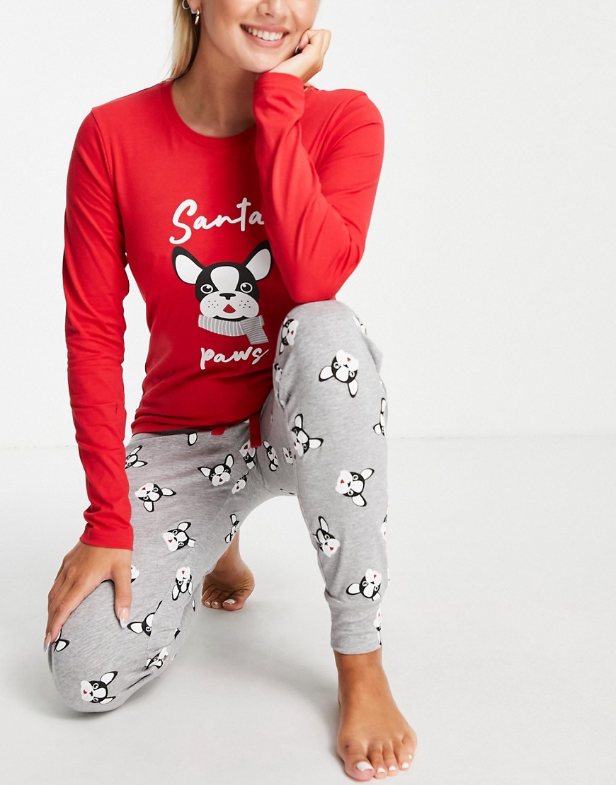 Threadbare Christmas Frenchie Long Pajama Set In Red And Gray