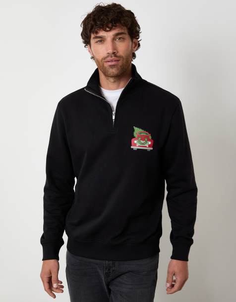 Threadbare Christmas graphic print quarter zip sweatshirt in black - view 1