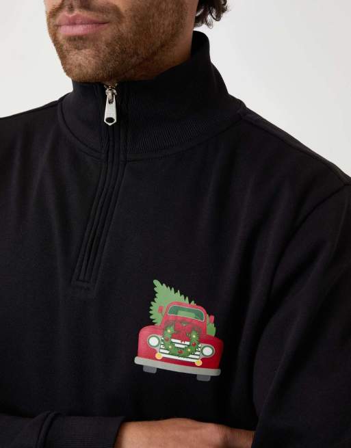 Threadbare Christmas graphic print quarter zip sweatshirt in black, 3 of 4