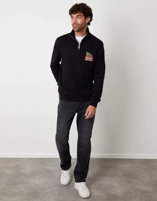 Threadbare Christmas graphic print quarter zip sweatshirt in black, 4 of 4