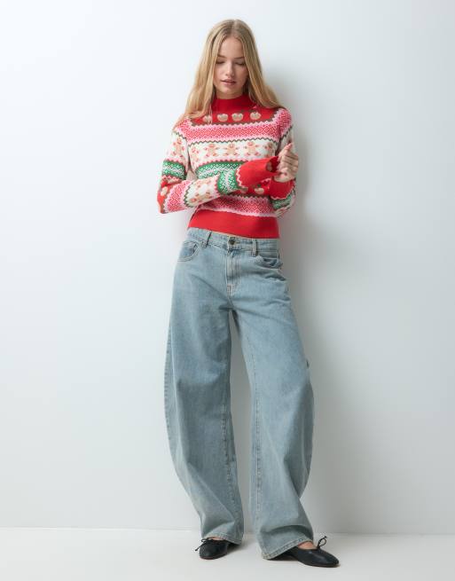 Threadbare Christmas knitted high neck jumper in pink and green, 2 of 5