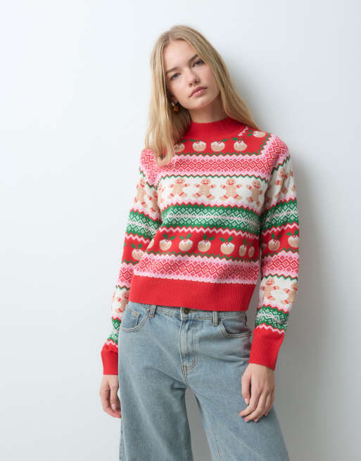 Threadbare Christmas knitted high neck jumper in pink and green, 3 of 5