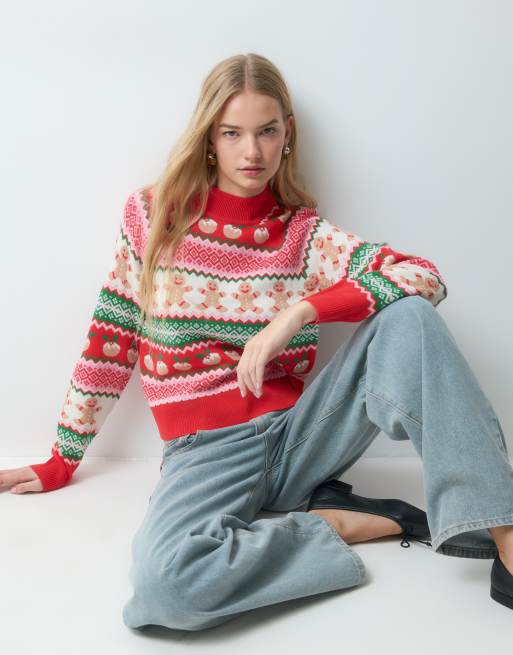 Threadbare Christmas knitted high neck jumper in pink and green, 5 of 5