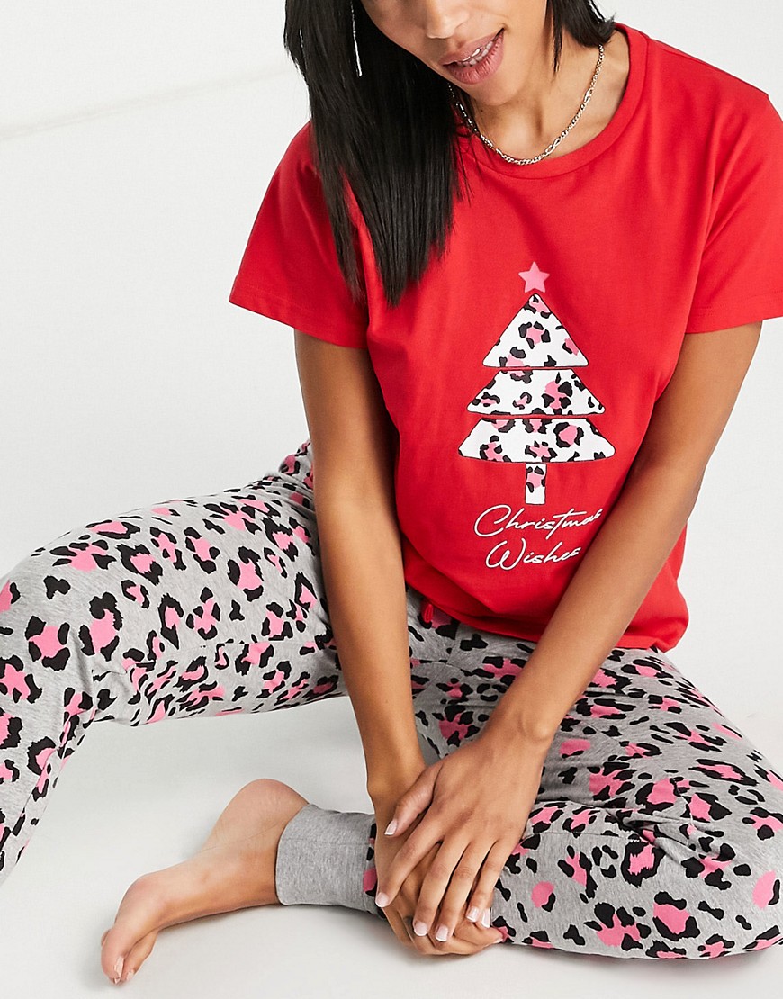 Threadbare Christmas Leopard Print Long Pajamas In Red And Gray