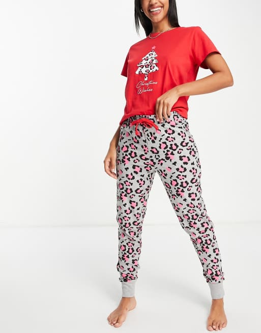 Threadbare christmas leopard print long pajamas in red and gray