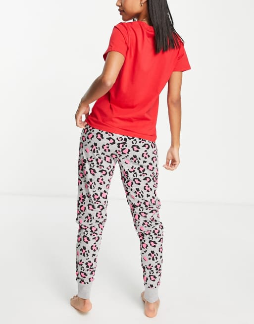 Threadbare christmas leopard print long pajamas in red and gray ASOS