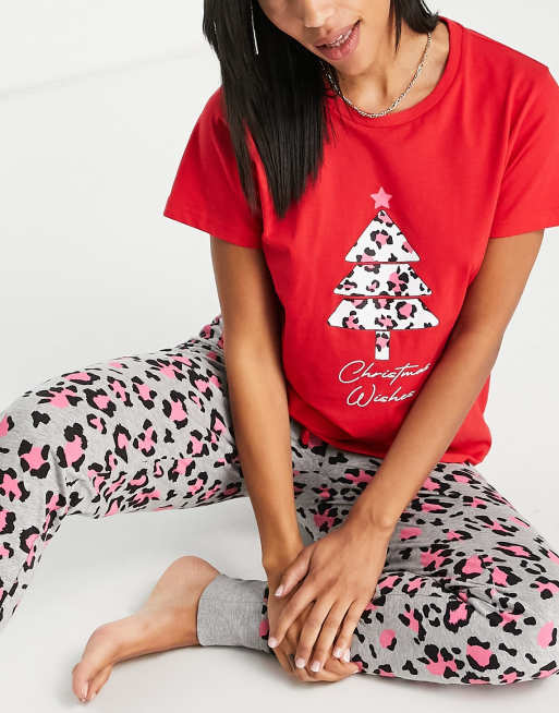 Threadbare christmas leopard print long pyjamas in red and grey