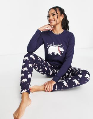 THREADBARE CHRISTMAS LONG POLAR BEAR PAJAMAS IN NAVY 