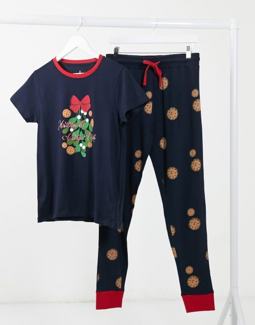 Threadbare Christmas pajama set in navy cookie print | ASOS