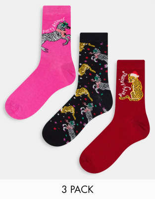 Threadbare - Christmas Party - 3er-Paar Socken in Rot, Marineblau und Rosa mit Tiermotiven