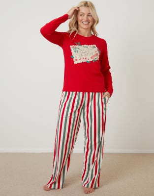Threadbare Christmas postcard graphic long pyjamas (2-piece set) in red
