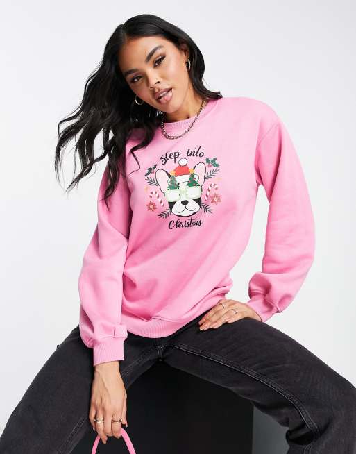 Threadbare Christmas printed sweater in pink