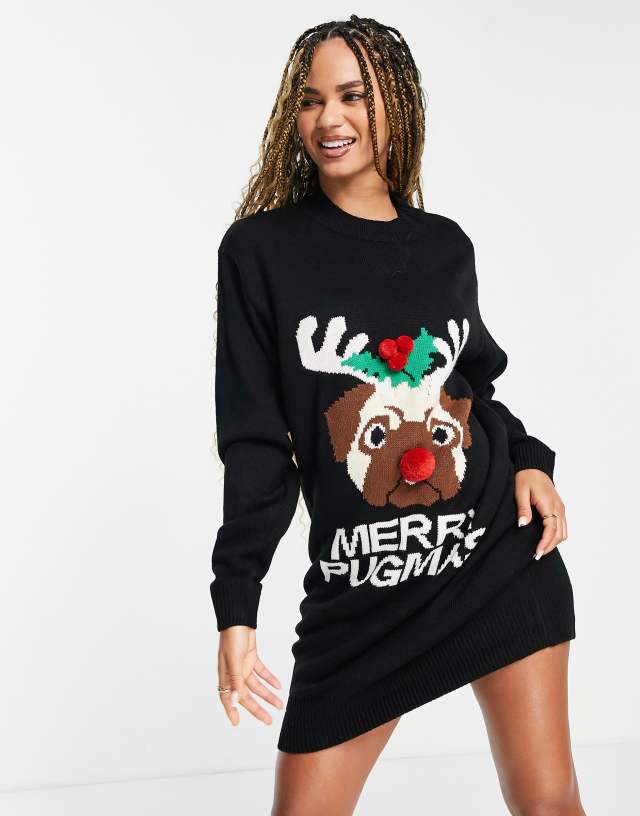 Threadbare Christmas pug sweater dress in black