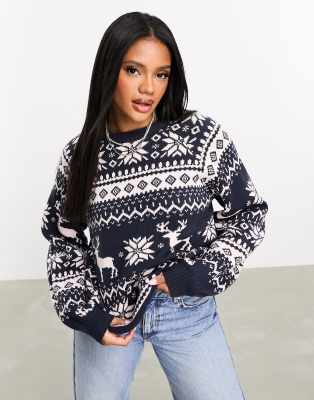 Hollister slouchy half zip striped jumper in navy