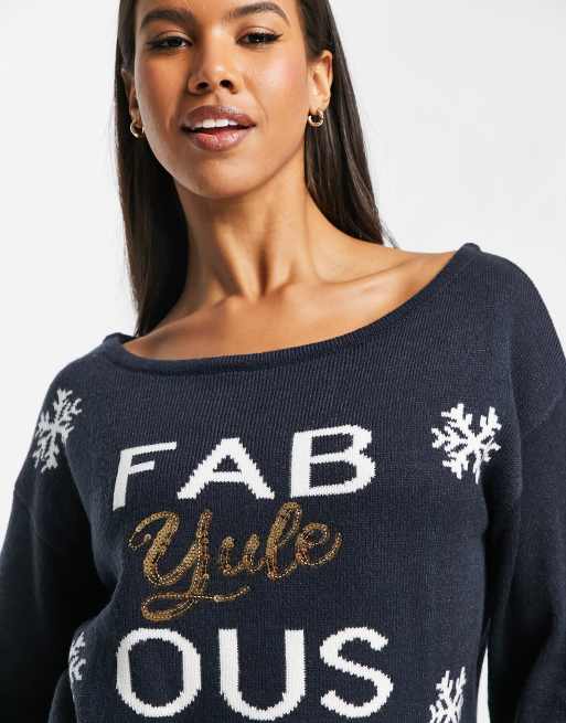 Threadbare Christmas sequin off shoulder jumper in navy ASOS